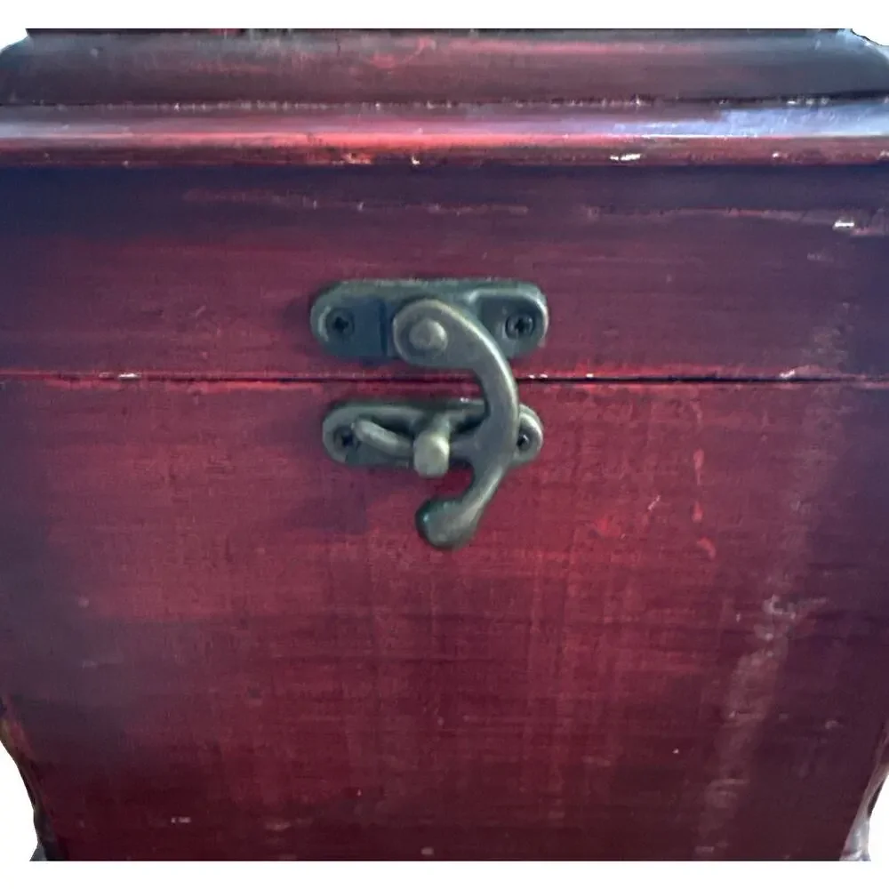 Vintage Red Wooden Keepsake Box Brass Handle Acorn Finials Lined 9in X 9in X 7in
